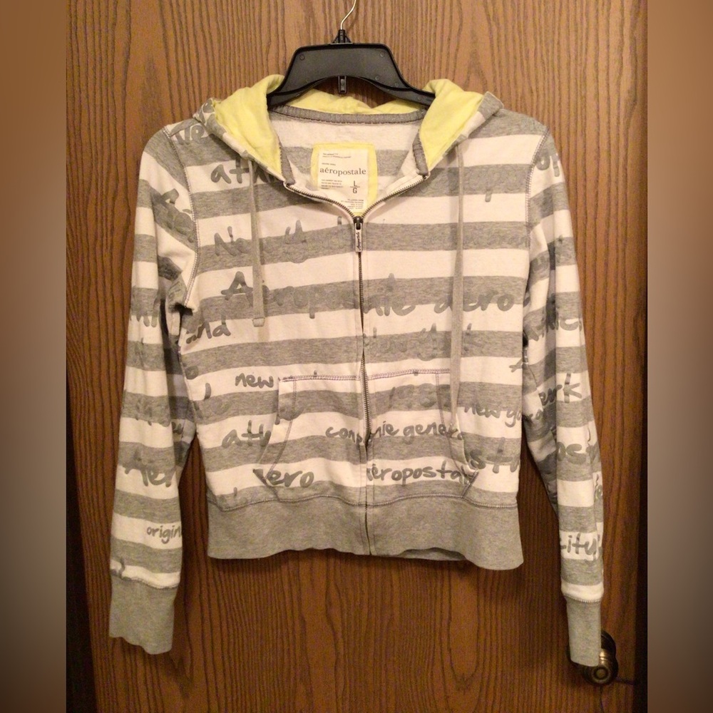 Aeropostale Womens Large Grey and White Zip Up Hoodie Pockets Jacket